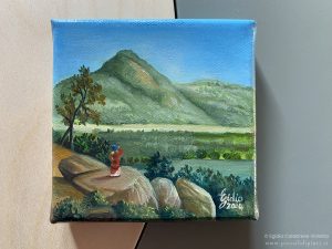 Paesaggio a olio su tela di 10x10 cm raffigurante una veduta di Dover Plains. Vale come omaggio al pittore Asher Brown Durand.