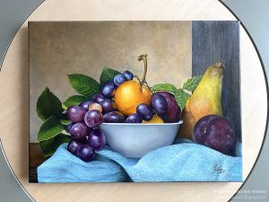 Dipinto olio su tela di 40x30 cm raffigurante una delle nature morte che ho composto con elementi reali.