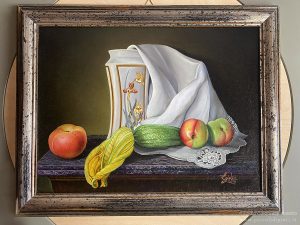 Dipinto olio su tela di 40x30 cm dove ciascun elemento rimanda ad una specifica persona, così da permettere un incontro tra me e le nonne di mia moglie.