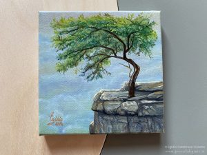 Paesaggio a olio su tela di 10x10 cm raffigurante la forza vitale della natura che permette ad un albero di crescere su una roccia.