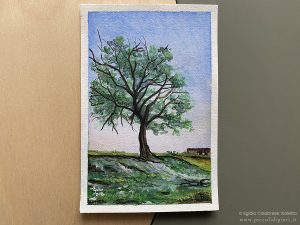Dipinto ad acquerello su carta di 10x15 cm raffigurante un paesaggio di campagna.