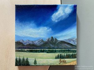 Paesaggio a olio su tela di 10x10 cm con cui rappresento il sogno di visitare le Montagne Rocciose.