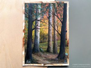 Dipinto ad acquerello su carta di 12,7x17,8 cm raffigurante un bosco al tramonto alla fine dell'autunno.